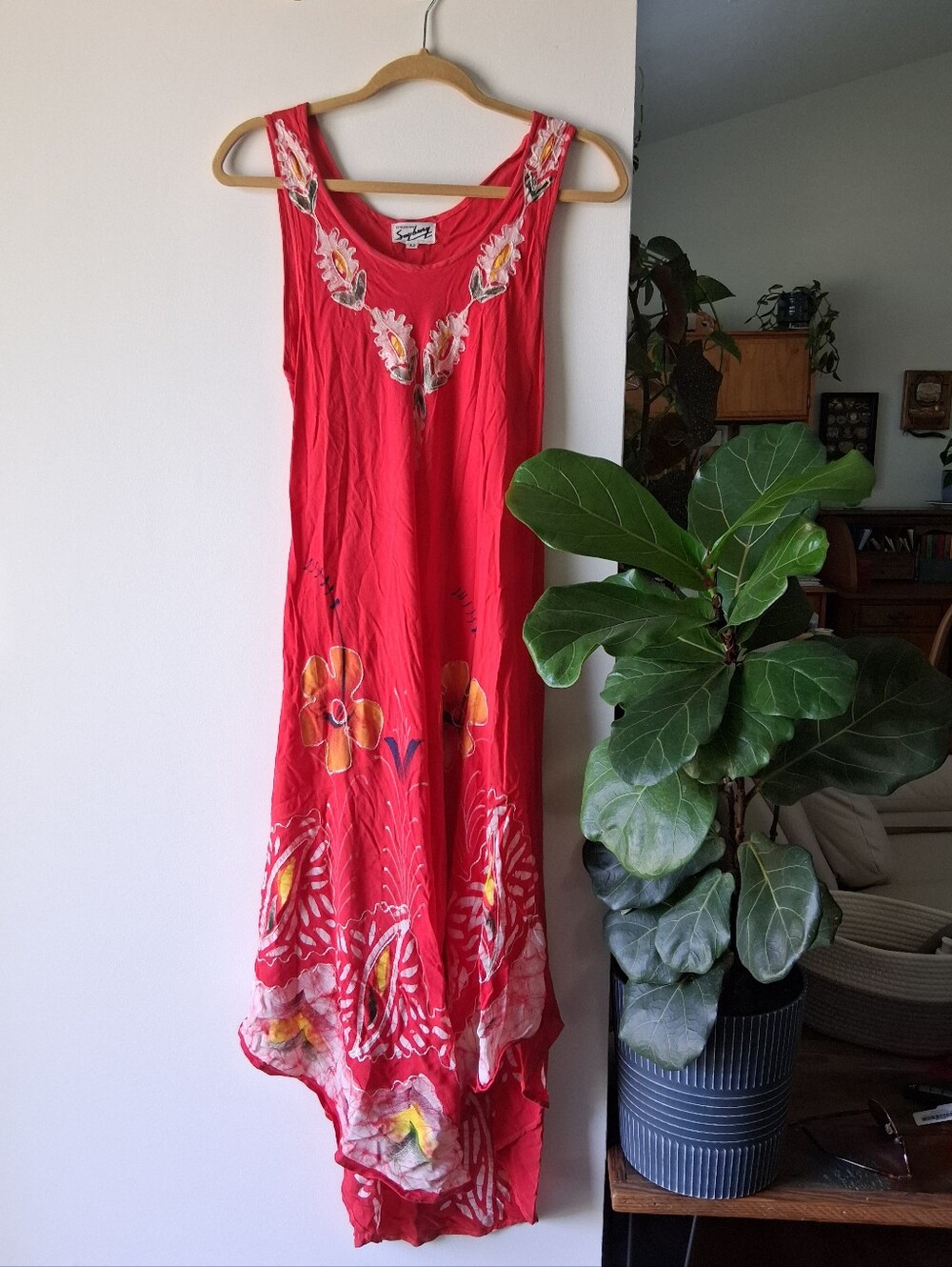 Vintage Red Hybiscus Floral Maxi Sundress with Embroidered Accents